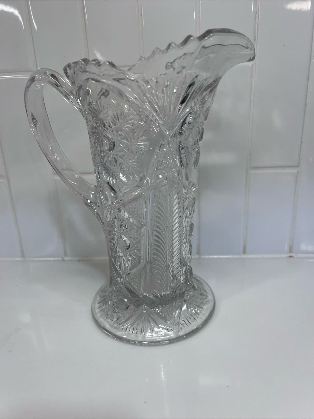 Vintage Pressed Glass 8.5" tall Brilliant Cut Starburst Sawtooth Edge Pitcher